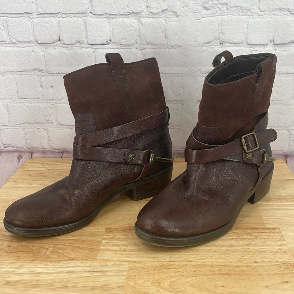 Franco Sarto Suede Brown Harness Ankle Boots 7.5 Women’s Leather Upper Festival